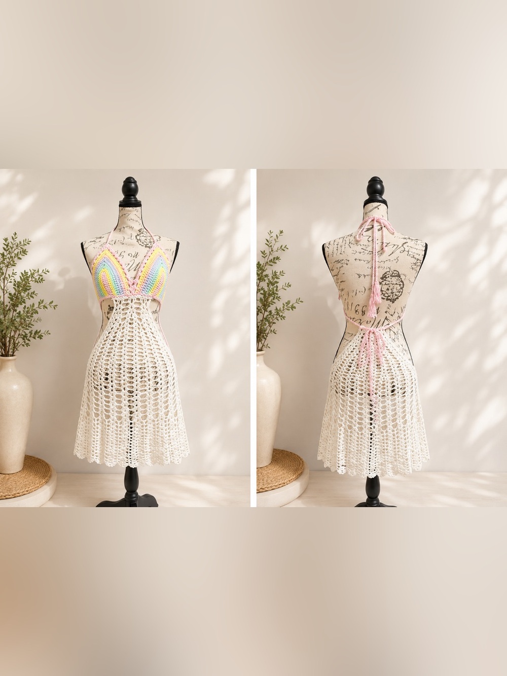 ✨ Love Sense Crochet Rainbow Halter Mini Dress Cover Up S/M Pastel Festival Boho